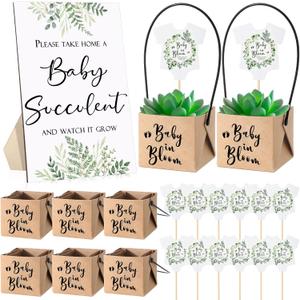 Geetery 101 Pcs Succulent Baby Shower Party Favors for Guests Include 1 Wooden Table Sign 50 Kraft Succulent Pots and 50 Tags for Baby Shower Party Gifts(Greenery)