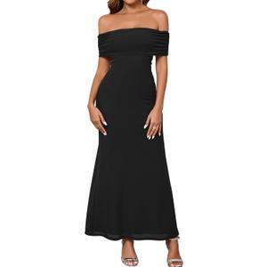 KUTUMAI Women Off Shoulder Bodycon Maxi Long Dress Mesh Ruched Elegant Formal Wedding Guest Dresses (Medium, Black)