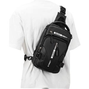 Large Black Sling Bag for Men Women, Mini Anti Theft One Strap Motorcycle Sling Backpack, Small Sling Chest Bag Daypack Crossbody Backpack with Usb Port for Casual Travel Hiking Gym Outdoor Sports