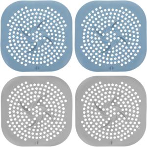 ElevateTech Shower Drain Hair Catcher, 4 Pcs Drain Cover with Suction Cups Square Silicone Hair Catcher Shower Drain-Strainer Protector for Bathroom, Bathtub, Kitchen Sink, Household Use (Blue, Grey)