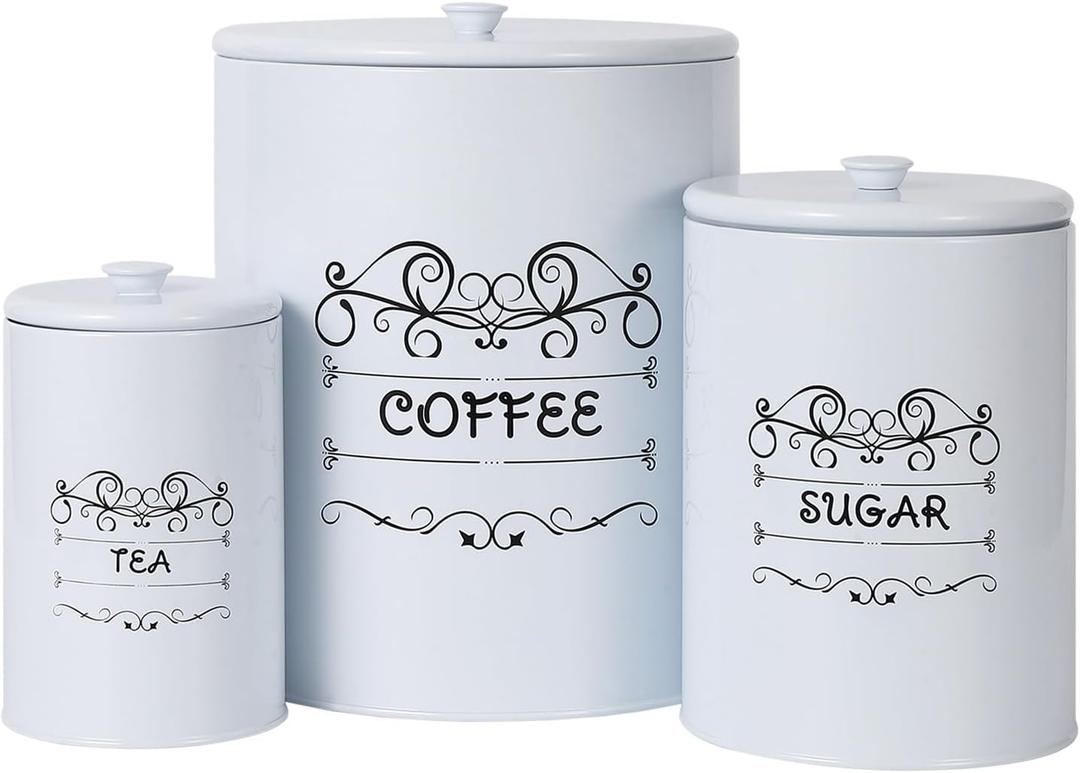 Kitchen Canisters Set of 3, Food Storage Containers for Countertop, Large Airtight Coffee Sugar Tea Containers with Lids, White Farmhouse Decor
