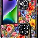 Compatible for iPhone 14 Pro Case Cute with Strap Stand Finger Kickstand, Designer Cool Silicone Cases Funda Cover - Red Dark Florals Flowers