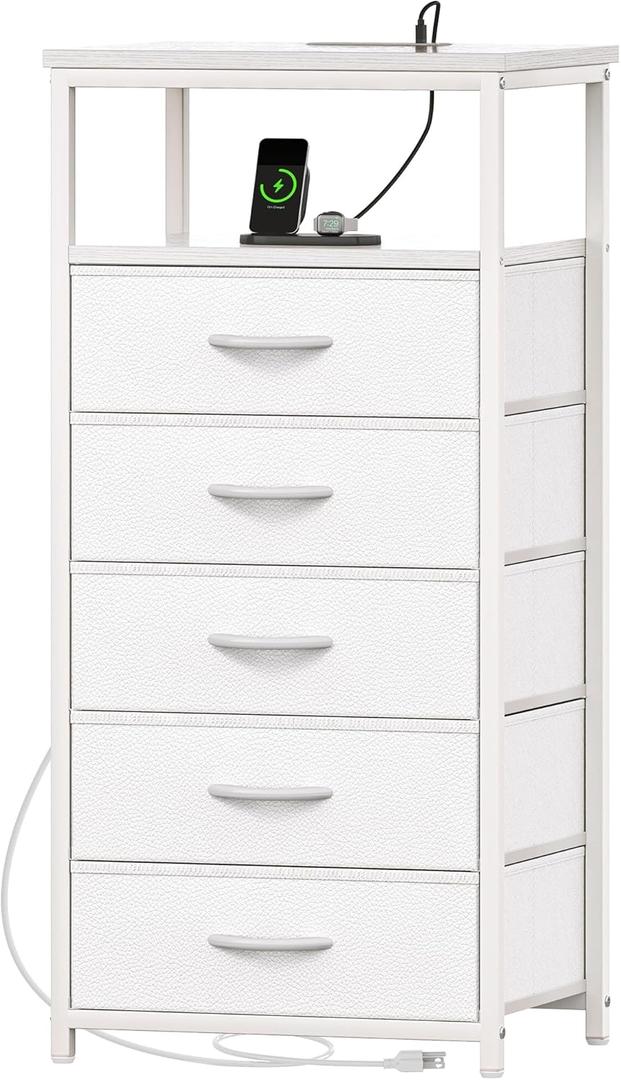 Huuger White Dresser with 5 Drawers & Charging Station, Tall Dresser for Bedroom, Tall Night Stand with PU Leather Finish, Open Shelf, Nightstand for Bedroom, Closet, Hallway, Entryway