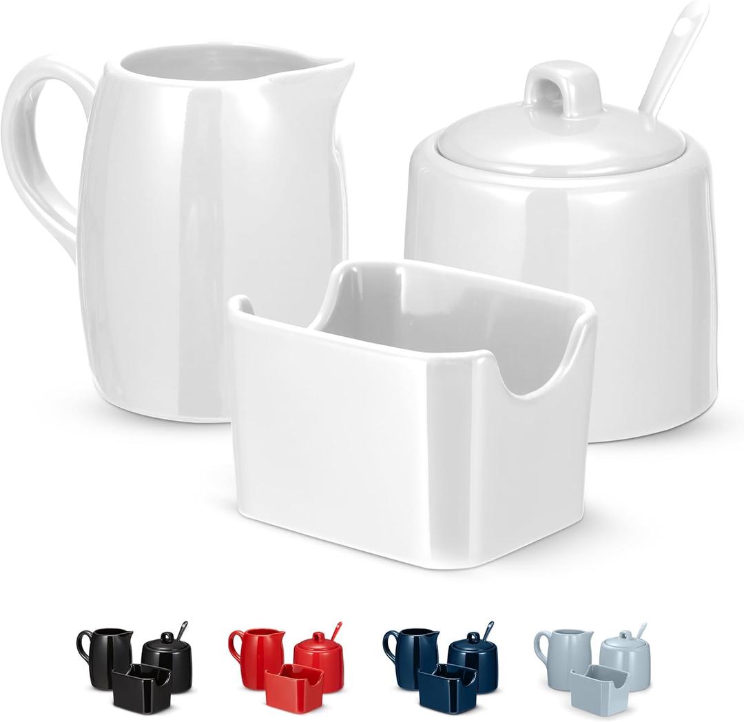KooK Sugar and Creamer Set, 3 Piece, Pitcher, Sugar Bowl with Lid and Spoon, Sweetener Holder (White) (10 Oz)
