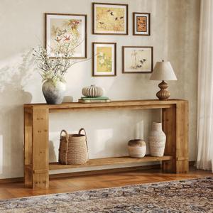 LITTLE TREE 70-Inch Solid Wood Console Table, Farmhouse Sofa Table for Behind the Couch, 2-Tier Narrow Entryway Table for Living Room or Hallway (Warm Brown)