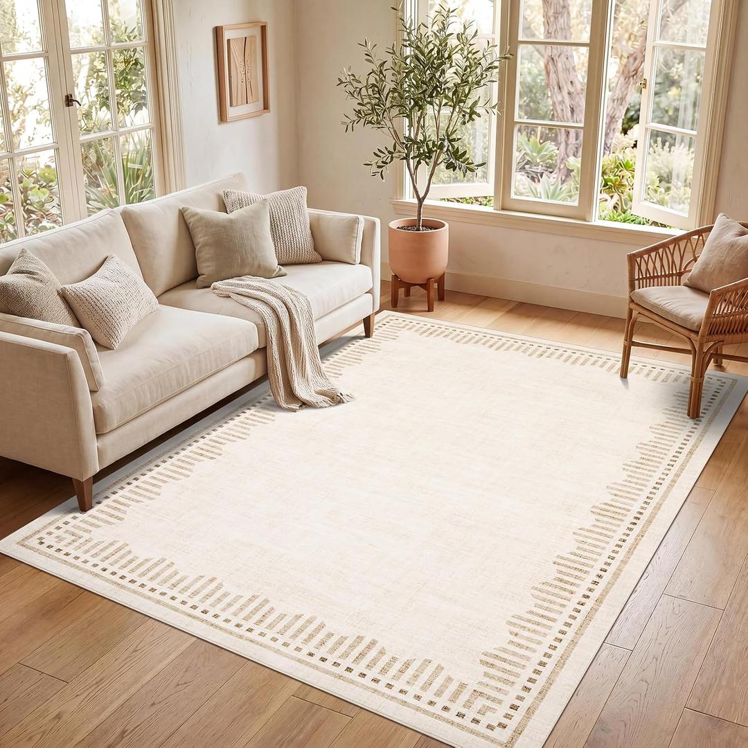 Garvee 8x10 Washable Living Room Area Rug Scalloped Neutral Non Slip Rugs