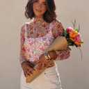 Women's Sheer Floral Long Sleeve Layering Top Ruffled Mock Neck Sheer Blouse for Casual Brunch Party Club Night Date Outfits (Floral Pink White)