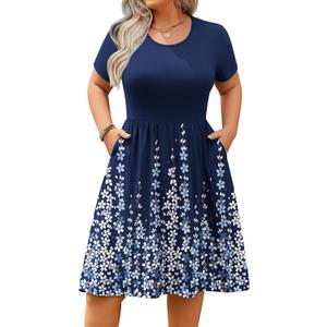 IN'VOLAND Womens Plus Size Summer Dress Short Sleeve Casual Mini Dresses Empire Waist T-Shirt Dress with Pockets (Blue). M Size