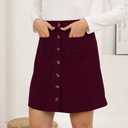 Women's Button Down Corduroy Skirts High Waist A-line Pleated Short Mini Skirt with Pockets, S