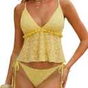 ZAFUL Women's Tankini Set V Neck Tummy Control Floral Printed Tie Side Thong Bikini Swimsuits 2 Piece Bathing Suits (Medium)