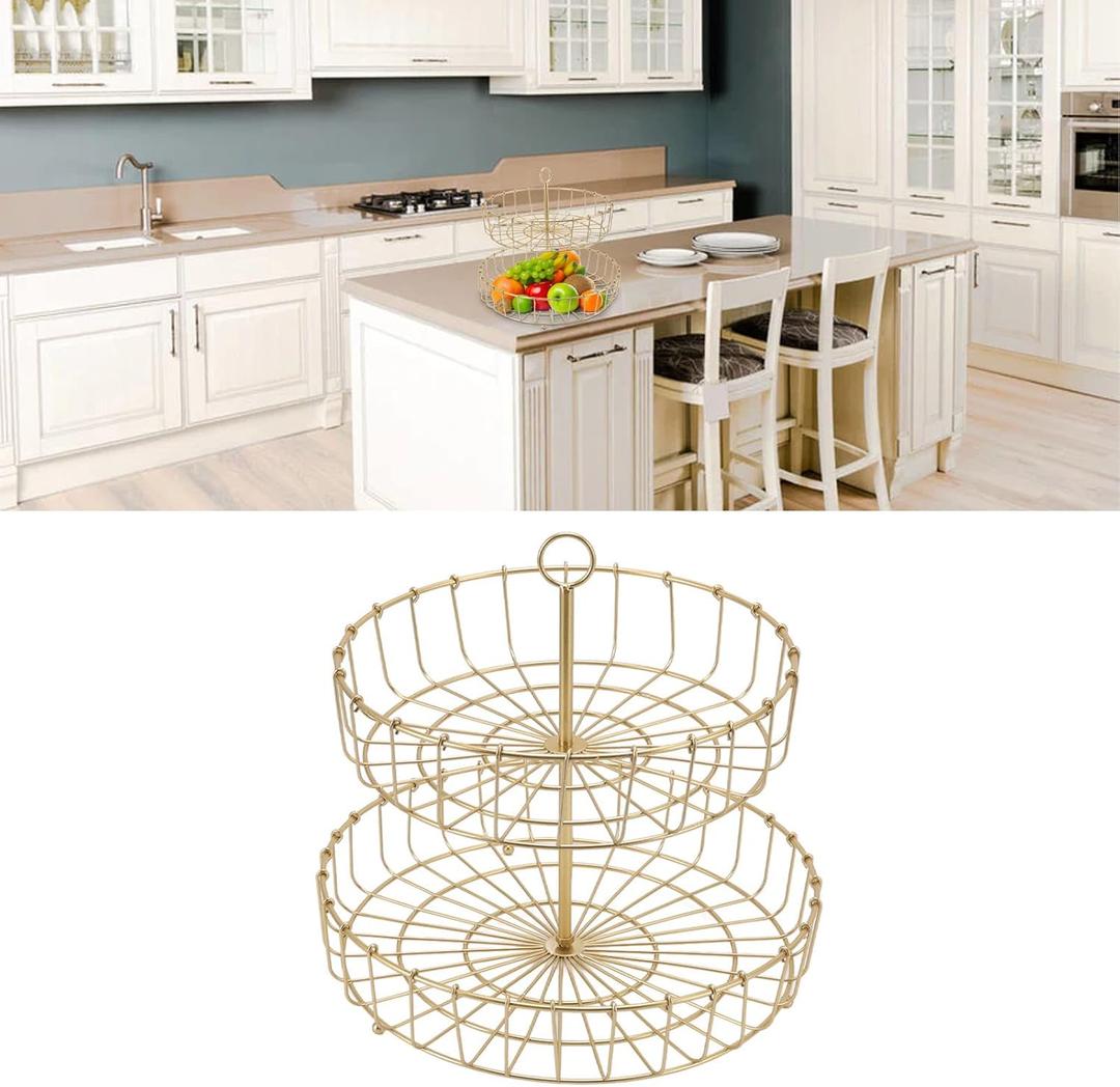 ZLXHDL Fruit Bowl,11.93in Iron Round Golden 2 Tier Fruit Basket Nordic Household Snack Storage Tray for Kitchen Parties for Fruits Vegetables