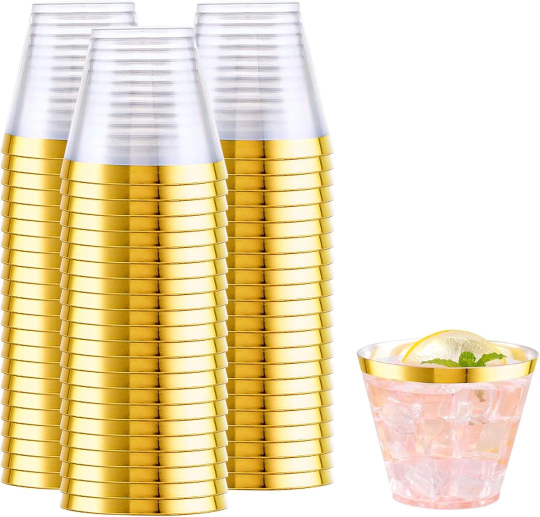 WELLIFE 200 PCS Gold Plastic Cups,9 oz Clear Plastic Cups,Disposable Wine Glasses,Plastic Cocktail Glasses for Party and Wedding