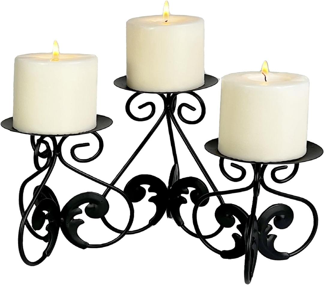 Lilys Home Elegant Scrollwork Fleur De Lis Pillar Candle Holders, Wax & LED Candle Stands, Black, Set of 3. Candles Not Included