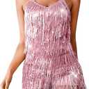 Kaei&Shi Sequin Fringe Romper,Sparkly Glitter Metallic Jumpsuits For Women,Backless Shorts Dress Disco Birthday Dance Outfit, Rose Gold 