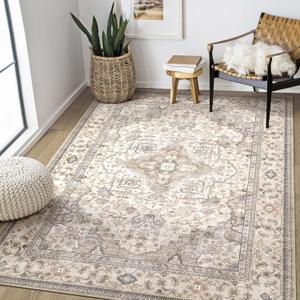 Washable Area Rugs for Living Room - 5x7 Neutral Vintage Distressed Floral Farmhouse Boho Large Soft Floor Rug Indoor Non Slip Carpet for Bedroom Dining Room Office - Brown/Multi