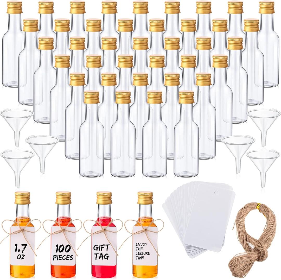 100 Pcs Mini Liquor Bottles Set, 1.7oz Plastic Shot Bottles with Caps, 6 Funnels, 100 Tags, and 65ft Ropes, Miniature Spirit Containers Bulk for Wedding Party Favors