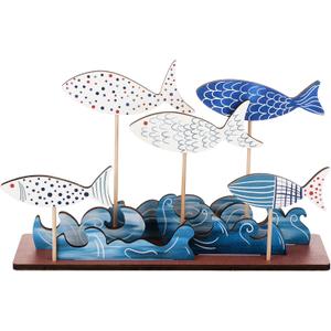 Novabright 10 Pcs Coastal Table Decor Wood School of Fish Sign Summer Beach Blue Sea Wave Centerpieces Ocean Standing Farmhouse Under The Sea Party Supplies for Home Cabinet Shelf Tabletop Decor