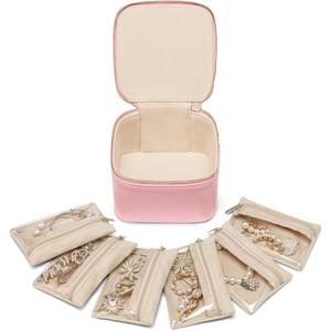Vlando Travel Jewelry Case,PU Leather Jewelry Storage Organizer Case with 6 pcs Jewelry Bag,Christmas Wedding Birthday Gift Ideas for Women Bride Girls Strawberry Pink