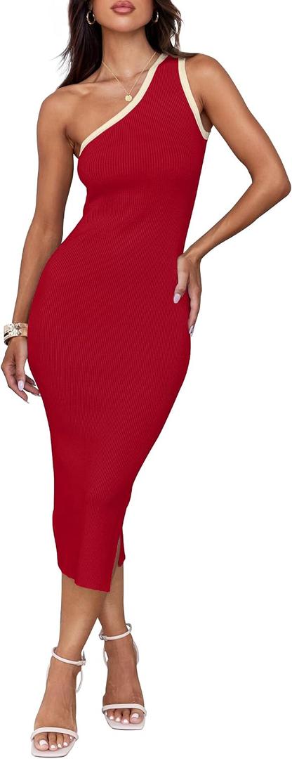 ZESICA Women's 2026 Summer Sleeveless Knit Bodycon Midi Dress One Shoulder Beach Vacation Sweater Dresses (Red, XL)