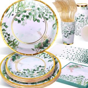 Sage Green Party Decoration, 126PCS Sage-Green Plates and Napkins Party Supplies, Spring Greenery Eucalyptus Leaves Disposable Dinnerware Decor for Wedding, Birthday