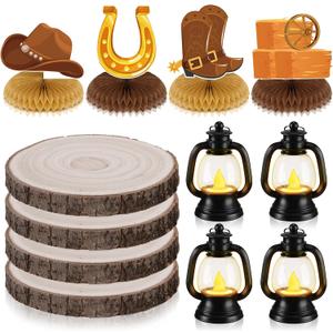 12Pcs Western Party Decorations Western Table Decor Mini Cowboy Lantern Candle Wooden Plate Wild West Boot Hat Honeycomb Centerpieces for Cowboy Theme Birthday Wedding Party Favor Baby Shower Supplies