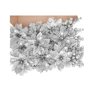 RICHMYC Christmas Flowers Artificial Glitter 24pcs Poinsettia Flowers Berries Christmas Decoration Xmas Tree Ornaments Wreath Garland Decoration, Silvery