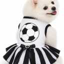 Petitebella Soccer Dog Dress with Striped Tutu Skirt Cute Pet Apparel with Football Graphic Soft Puppy Summer Clothes for Small Medium Dogs Sports Fan Outfit for Parties White/Stripes Small