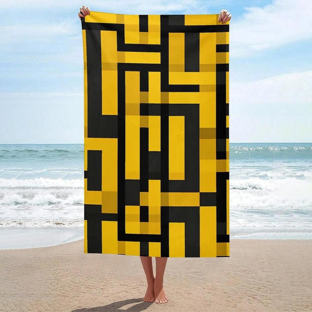 Yellow Black Plaid Checkered Large Beach Towel Pool Towel Lightweight Travel Towels Soft Bath Towel for Adults Men Women 130x80cm