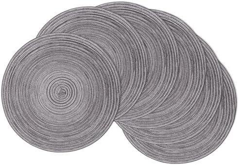 SHACOS Round Braided Placemats Set of 6 Round Table Mats 15 inch Cotton Washable for Holiday Party (Black Grey, 6)