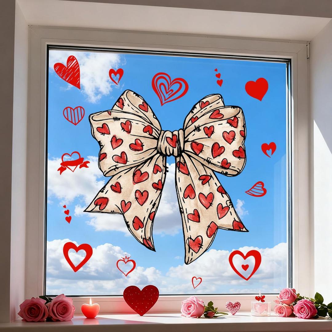 4 x 2 Sheets Valentine's Day Window Clings Romantic Red Heart & Bow Designs Happy Valentine's Day Decor Electrostatic Windows Stickers Decals for Home Holiday Party or Office Decorations