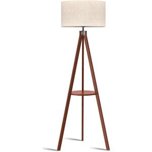 LEPOWER Tripod Floor Lamp, Mid Century Wood Standing Lamp, Modern Design Shelf Floor Lamp for Living Room, Bedroom, Office, Flaxen Linen Shade with E26 Base Brown