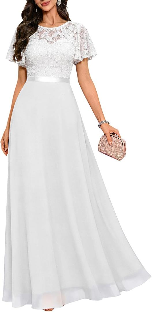 DRESSTELLS White Formal Dresses for Women, Prom Party Bridesmaid Cocktail Wedding Guest Mother of the Bride Evening Gowns Gala Homecoming Maxi Lace Chiffon Dress, 2026 Spring, White XL