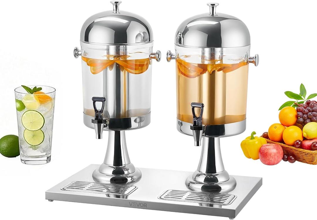 VEVOR Beverage Dispenser, 2.1 Gallon x 2 Drink Dispenser for Parties, Stainless Steel + Plastic Juice Dispensers with Spigot Ice Chamber Tray, Iced Tea Lemonade Dispensers, for Restaurants, Hotels