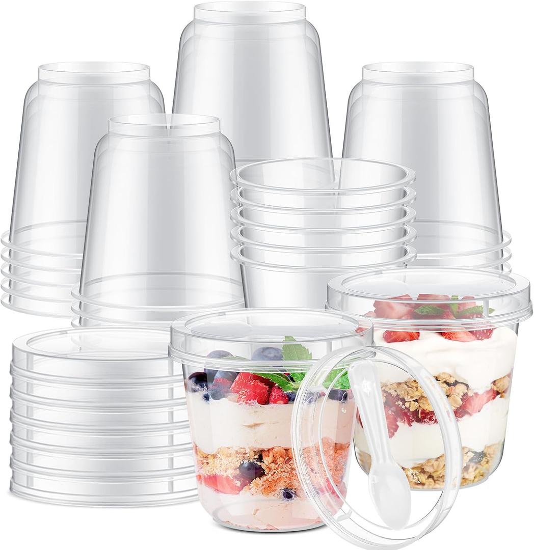 Jingmore 25 Pack 9.5oz Clear Plastic Yogurt Parfait Cups Disposable Overnight Oats Containers with Lids and Spoons Cake Fruit Jars for Food Storage Salad Ice Creams Pudding Snacks (Round Style)