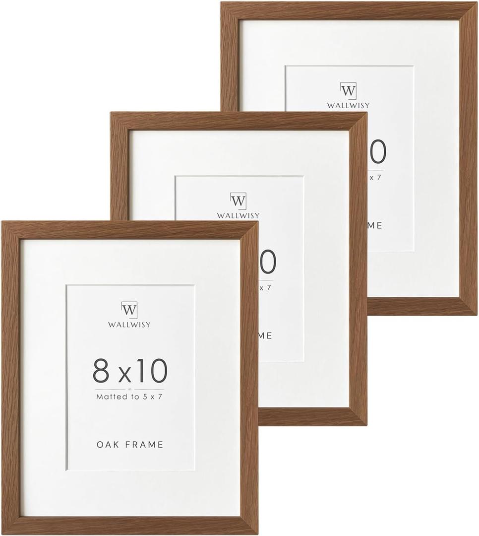 8x10 Picture Frame, Solid Oak Wood 8 x 10 Photo Frame with Mat to 5x7(Openning Size is 4.5x6.5), 10x8 Picture Frames for Wall and Tabletop Display, Natural Oak 8x10 Frame, (Walnut Set of 3)