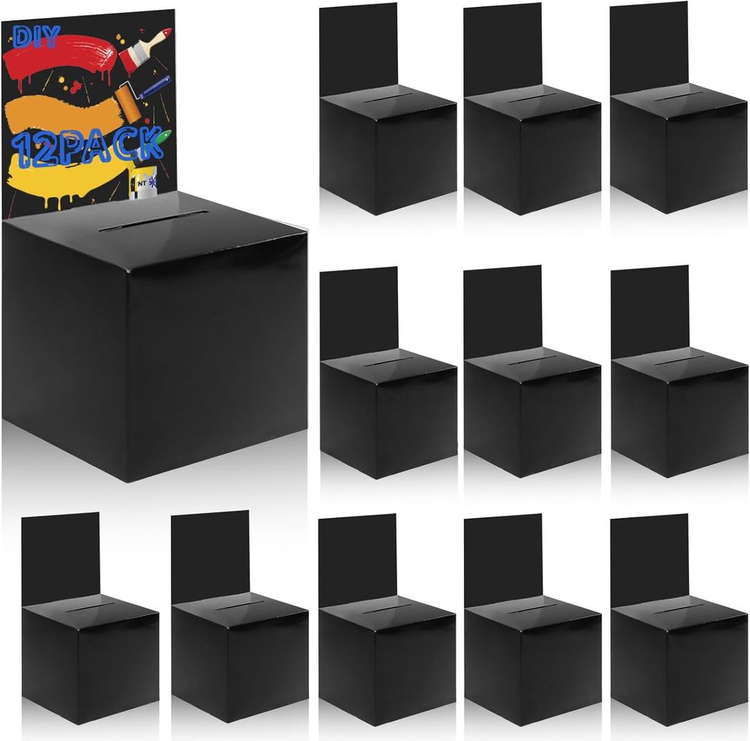 Ysglory 12 Pack Raffle Ticket Box Black Cardboard Suggestion Box with Slot Donation Ballot Boxes for Fundraising Collecting Business Card Voting Contest, 6 x 6 x 6 Inches
