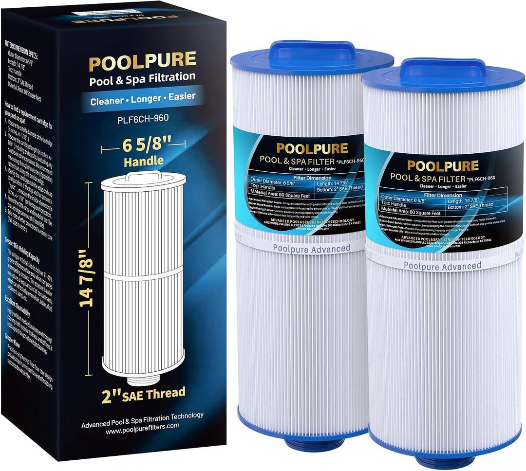 POOLPURE 6CH-960 Spa Filter Replaces Jacuzzi Filters J-300, J400, 6540-383 | Compatible with PJW60TL-F2S, 14081, 6000-383A, FC-2800, 6540-476 Hot Tub Filter with Closed Handle(Not be Removed) 2 Pack