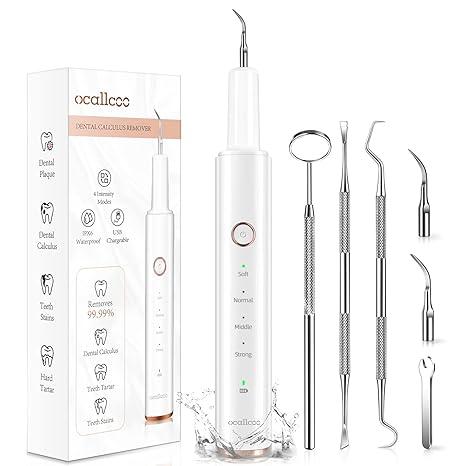Plaque Remover for Teeth, Electric Tooth Cleaner Tartar Remover for Teeth with LED Light,4 Modes Rechargeable Teeth Cleaning Kit with Dental Tools, 2 Replaceable Heads (White A)