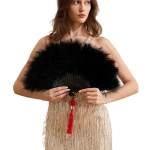 Happy Feather Handheld Marabou Feather Fan, 1920s Vintage Style Flapper Hand Fan for Costume Party and Dancing-Black