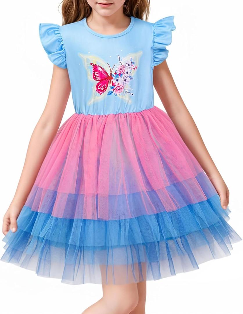 LQSZ Girls Tulle Dresses Princess Flutter Sleeve Tutu Dress for Toddler Girl 3-12 Years (7-8 Years)