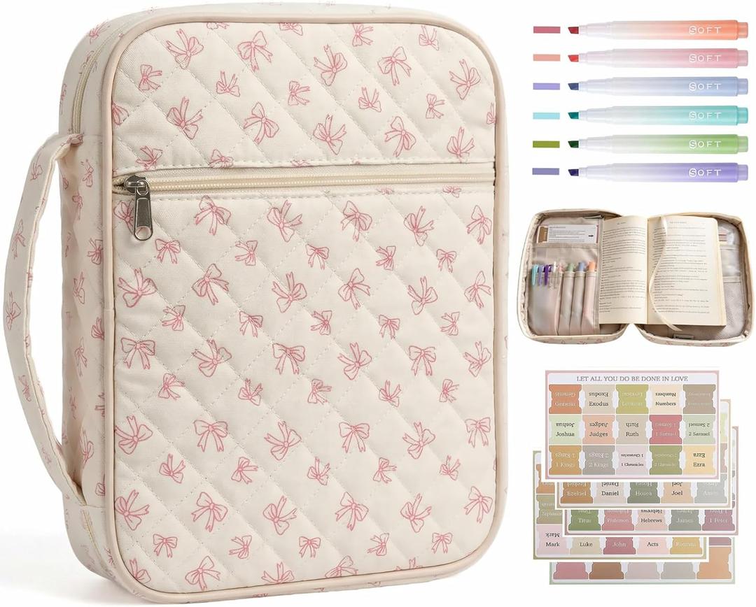Large Bible Cover Case for Women - Quilted Bible Carrying Case Church Bag with Durable Handle & Zipper Pocket, Protective Scripture Book Cover Organizer with Bible Study Supplies Kit, Pink Bow