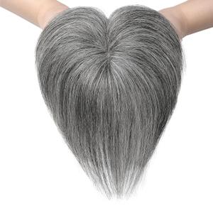 REECHO Clip-In Toppers, 6 Inch for Thin Hair, Real Human Hair with Bangs - Grey/Black Mixed