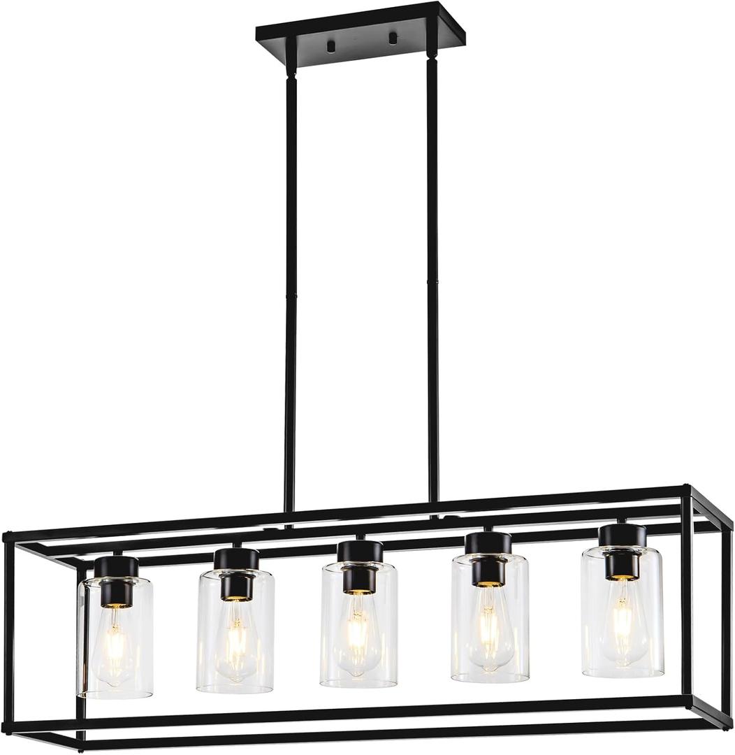 5 Light Dining Room Light Fixture Matte Black Farmhouse Chandelier Over Table Rectangular Kitchen Pendant Lighting Rectangle Modern Industrial Living Room Hanging Lights Adjustable Height