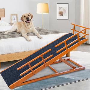 Dog Ramp for High Bed - 65" Length, Supports up to 32" Height,Includes Non-Slip Replaceable Carpet, Safety Rails &Landing Platform,Adjustable Pet Ramp for Large Dogs to Get on Bed (Walnut)