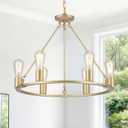 6-Lights Gold Chandelier | Dia 24'' Farmhouse Wagon Wheel Chandelier | Rustic Hanging Dining Room Light Fixture | Apply to Living Room | Kitchen Island | Entryway | Foyer