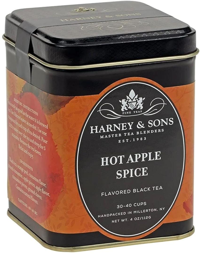 Harney & Sons Hot Apple Spice Loose Leaf Black Tea Tin, 4 oz | Black tea with apple, cinnamon, orange peel, and cloves. Contains caffeine. (EXP 10/06/27)