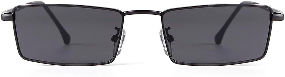 Small Y2K Narrow Rectangle Sunglasses Womens Mens Retro 80s 90s Sun glasses UV400 Sunnies (Black/Grey)