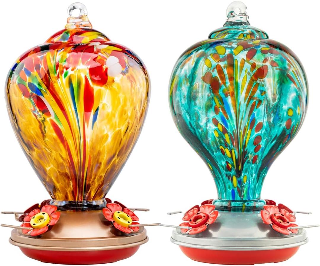 2 Packs Hummingbird Feeders for Outdoors Hanging Ant and Bee Proof, 34OZ & 32OZ Hand Blown Glass Hummingbird Feeders for Outside, 2 Red