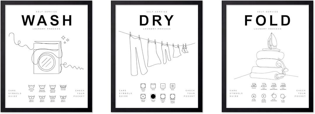 Poster Master 3-Piece Wash Dry Fold Print - Laundry Poster - Line Drawing Art - Black & White Design - Symbols & Guide Art - Minimal Laundry Room Decor - 8x10 UNFRAMED Wall Art (Style-04)