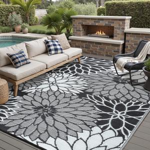 HUGEAR 8'x10' Outdoor Rug Waterproof Plastic Straw Rugs Large Black Reversible Floral Mat Floor Carpet for Camping RV Deck Entryance Porch Picnic Balcony Beach Backyard